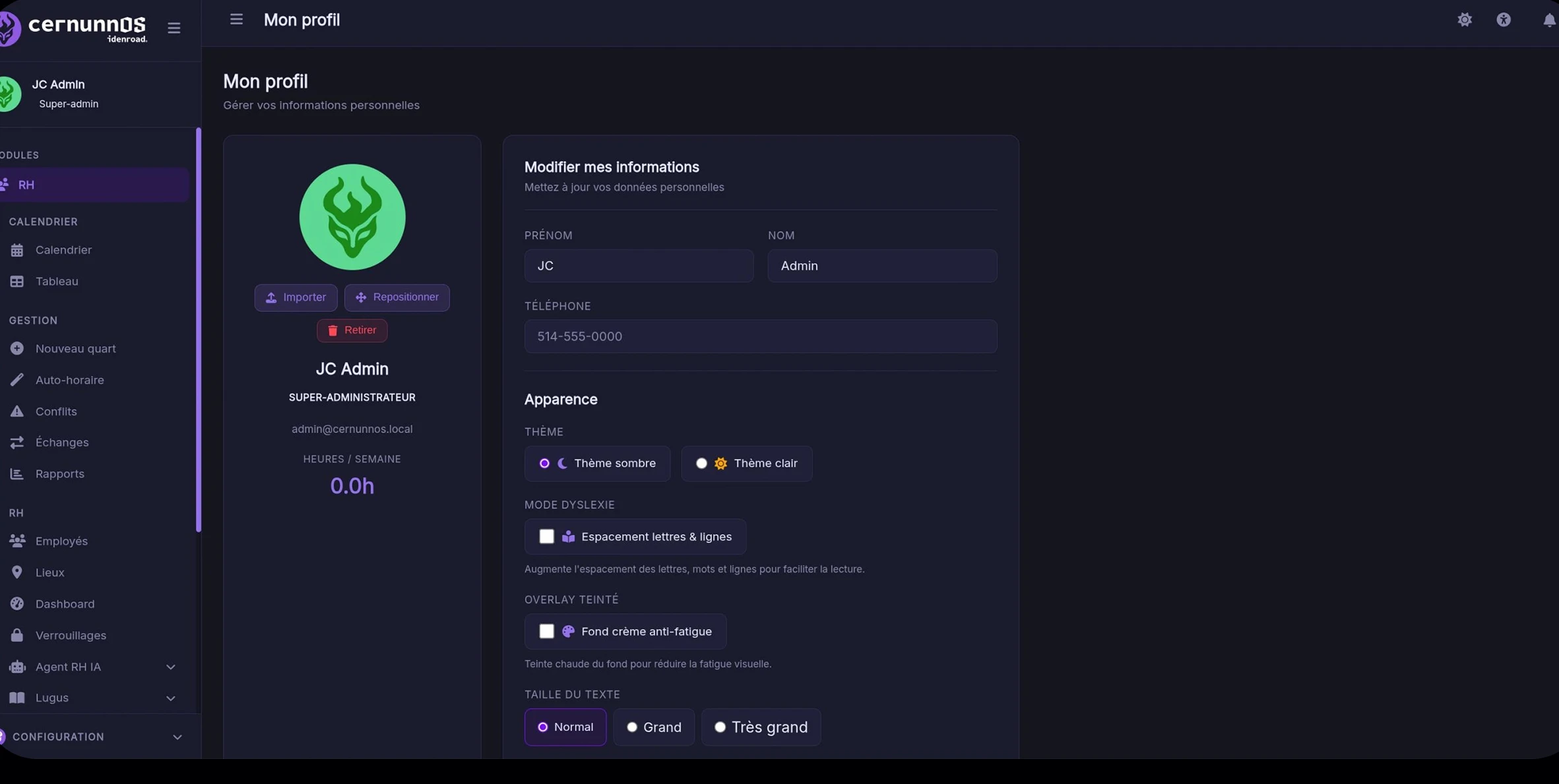 Interface Cernunnos — écran Mon profil du tableau de bord